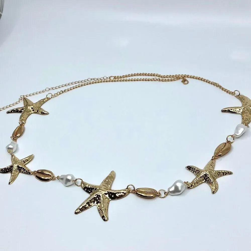 Y2K Mermaidcore Gold Starfish Shell Chain Belt, Fits 24–38 Inches, X7GA1157